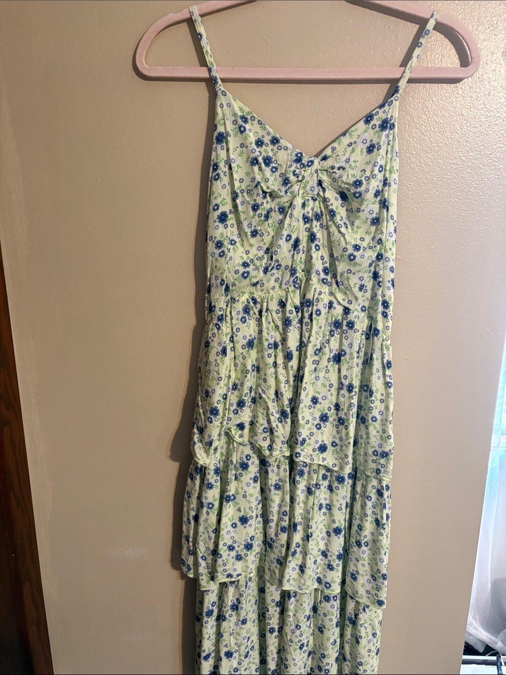 Floral Tiered Midi Dress in Light Green and Blue